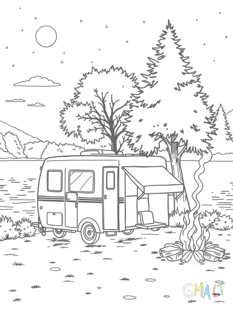 Ein kompaktes Wohnmobil parkt neben einem See. Eine Angelrute ist am Ufer aufgestellt und ein kleines Lagerfeuer brennt davor.