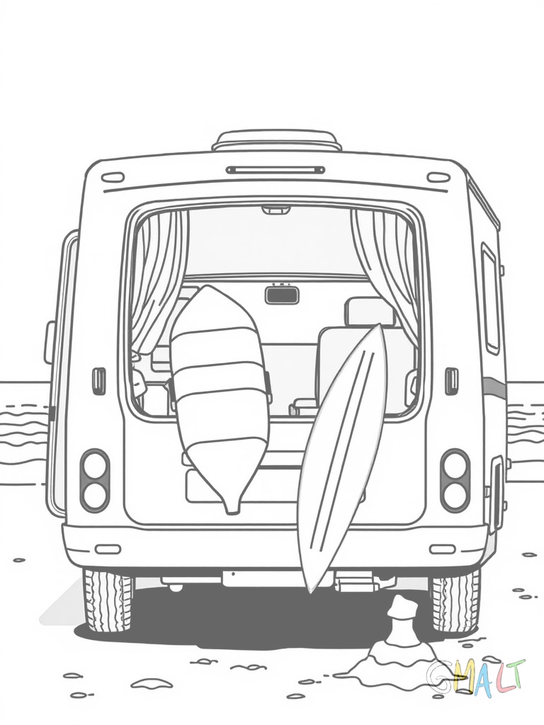 Ein Wohnmobil steht am Strand. Die Seitentür ist offen und eine Surfbrett lehnt daran. Eine kleine Sandburg ist vor dem Fahrzeug zu sehen.