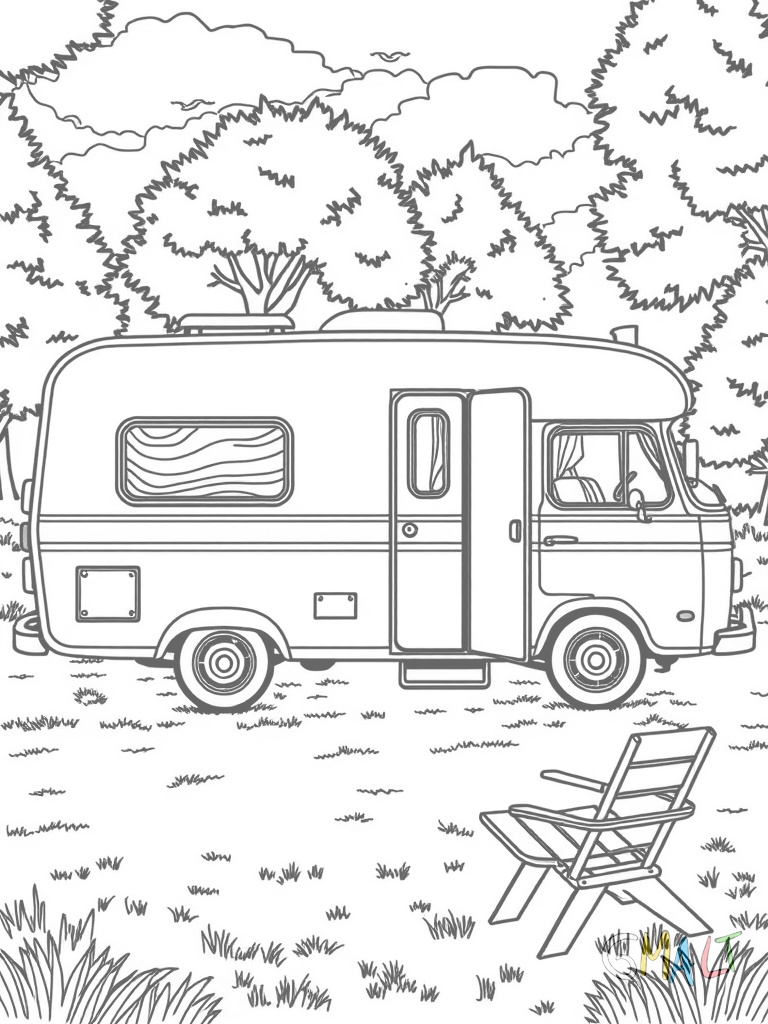 Ein klassischer Wohnwagen mit abgerundeten Ecken steht auf einem Campingplatz. Zwei große Fenster und eine Eingangstür sind zu sehen. Davor ist eine ausgerollte Markise mit Campingstühlen.