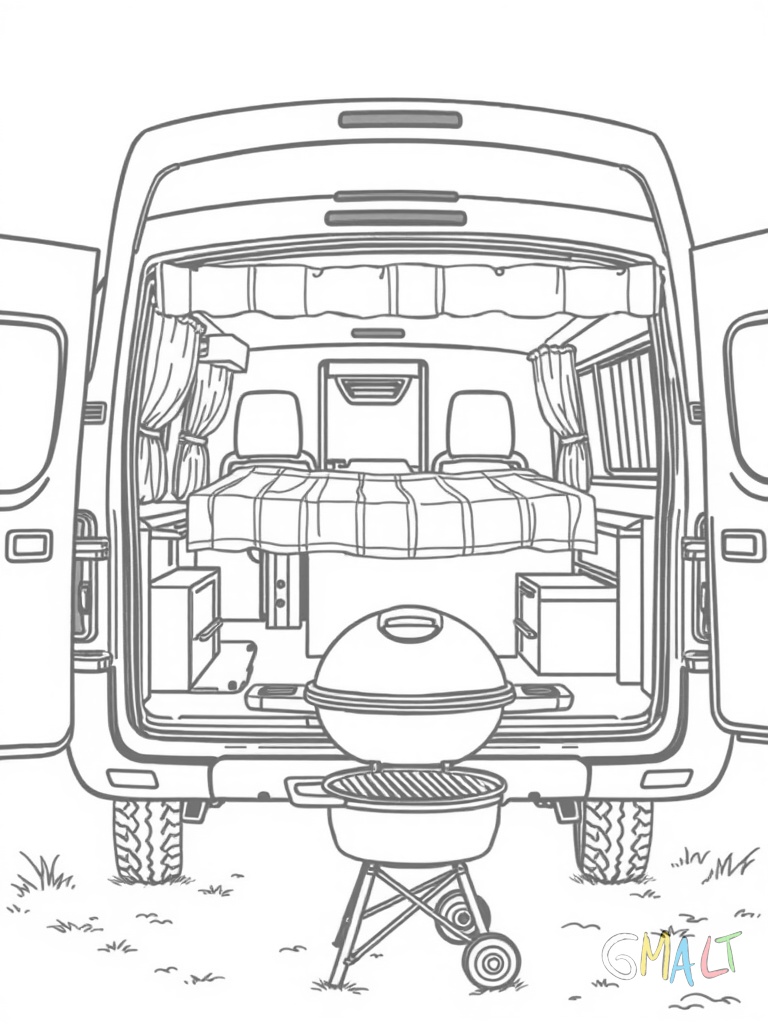 Ein Wohnwagen in Seitenansicht mit ausklappbarem Dach zum Schlafen. Zwei Stützfüße sind ausgefahren. Ein Grill steht daneben auf dem Boden.