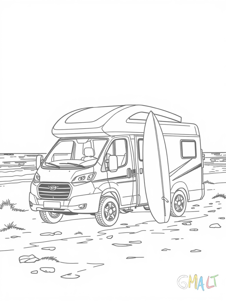 Ein moderner Wohnwagen steht am Strand. Zwei Surfbretter lehnen an der Seite. Eine Strandmatte liegt ausgebreitet vor der offenen Tür des Wagens.