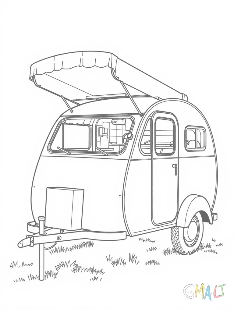 Ein vintage Teardrop-Wohnwagen aus den 50er Jahren mit charakteristischer tropfenförmiger Form. Die Heckklappe ist geöffnet und zeigt eine kleine Outdoor-Küche.