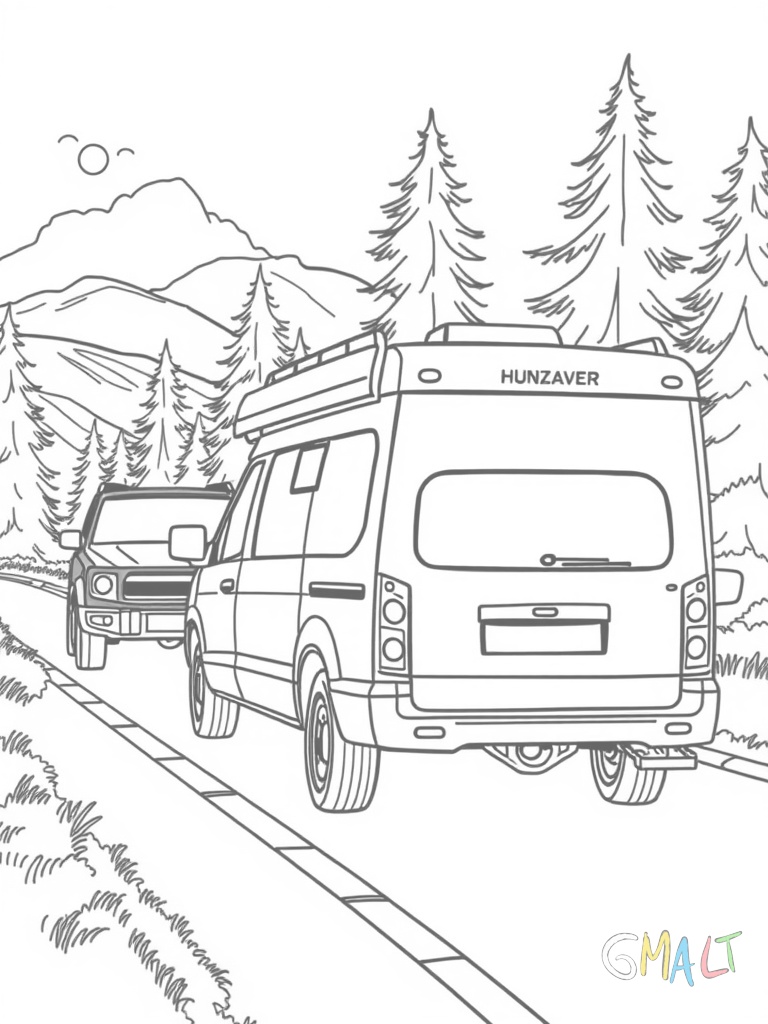 Ein Wohnwagen wird von einem roten SUV auf einer Landstraße gezogen. Im Hintergrund sind Bäume und Berge zu erkennen. Der Wohnwagen hat seitlich einen Streifen als Verzierung.