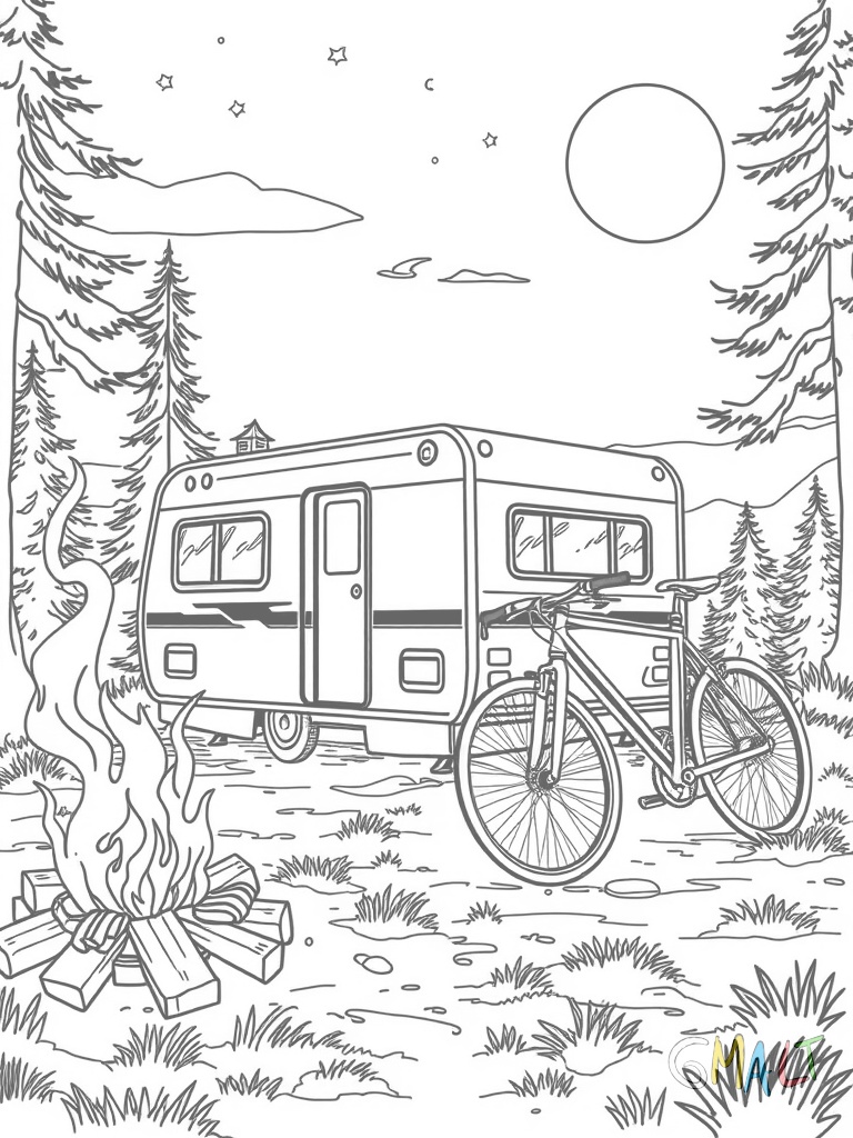 Ein kompakter Wohnwagen steht auf einer Waldlichtung. Ein Lagerfeuer brennt davor. Zwei Fahrräder sind am Heck befestigt.