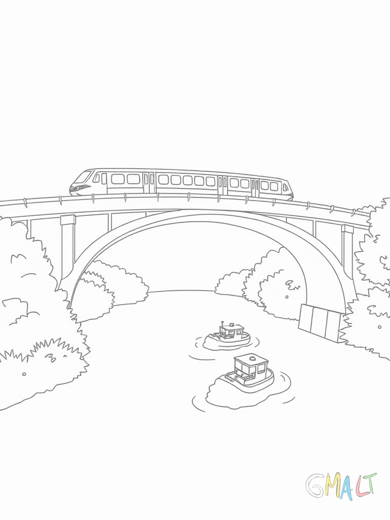 Ein langer Personenzug fährt über eine Brücke. Unter der Brücke fließt ein Fluss mit zwei kleinen Booten.