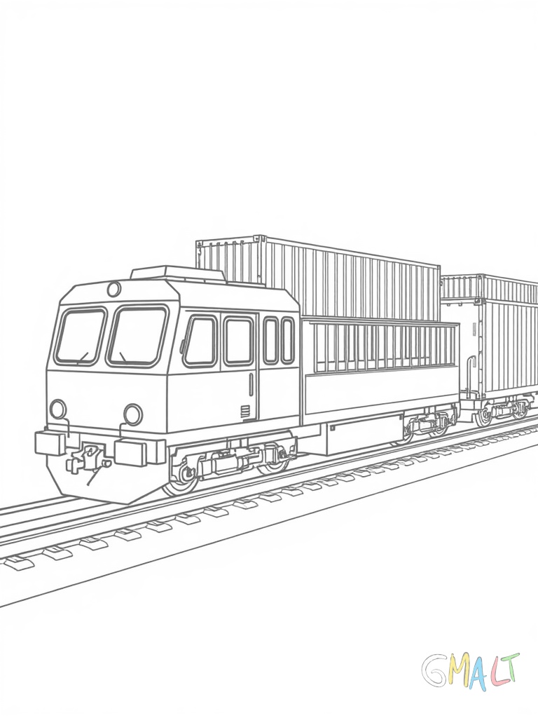 Ein Güterzug transportiert verschiedene Container. Die bunten Container sind ordentlich gestapelt auf den Waggons.