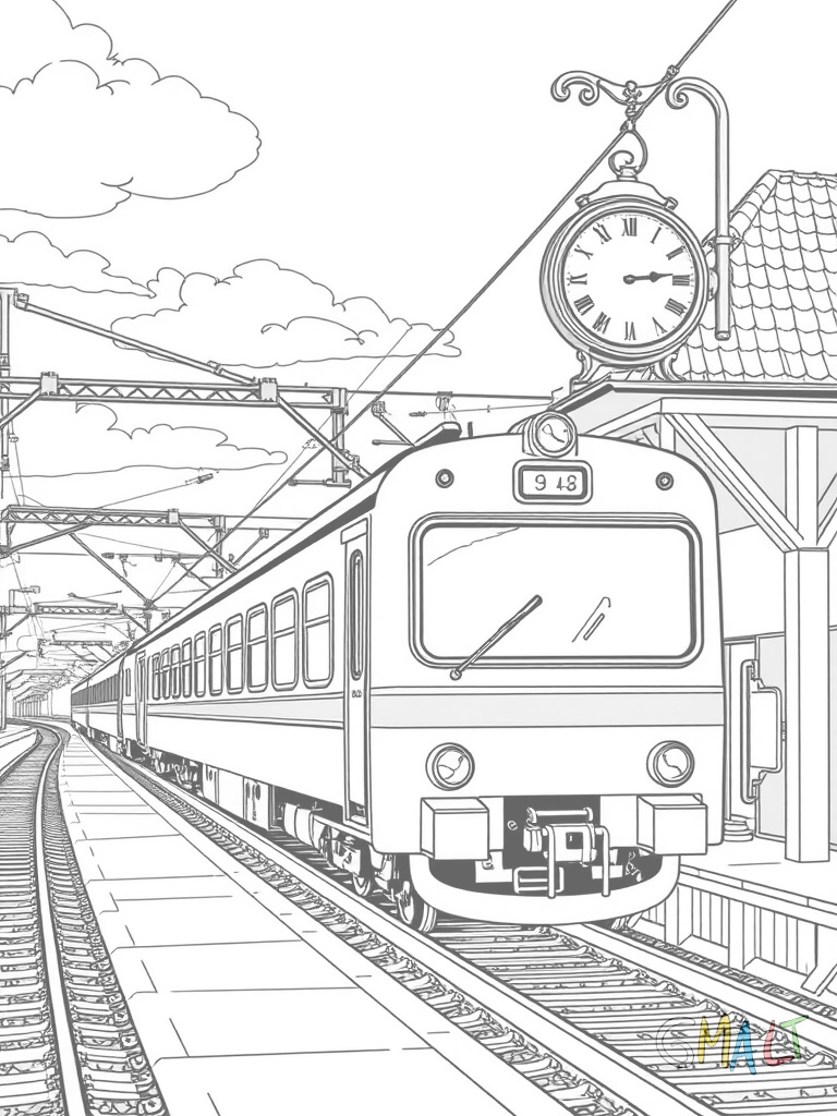 Ein Regionalzug hält an einem Dorfbahnhof. Auf dem Bahnsteig steht eine alte Bahnhofsuhr.