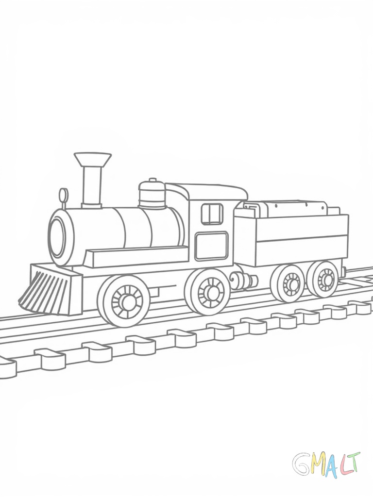 Eine Spielzeuglokomotive steht auf einem Holzschienensystem. Bunte Holzwaggons sind an die Lok gekoppelt.