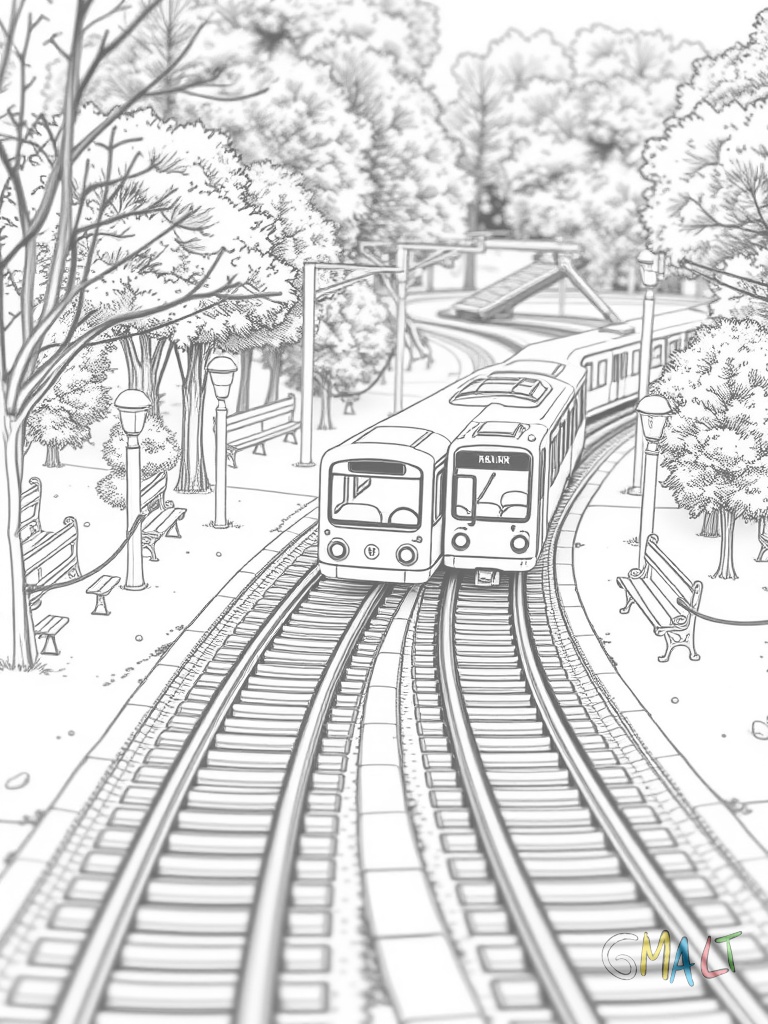 Eine kleine Parkbahn fährt durch einen Miniaturpark. Kleine Bänke und Laternen säumen die Strecke.