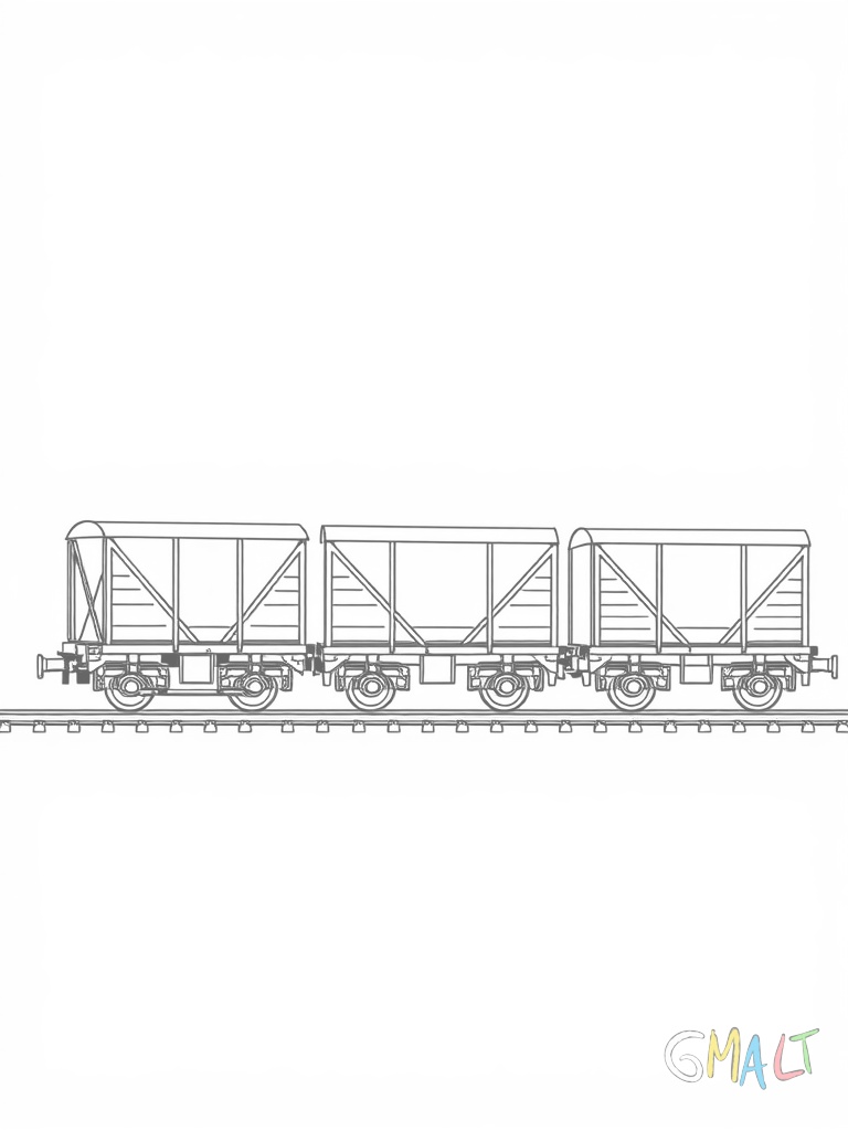 Eine kleine rote Rangierlok schiebt drei Güterwagen vor sich her. Die Waggons sind in unterschiedlichen Farben gestaltet.