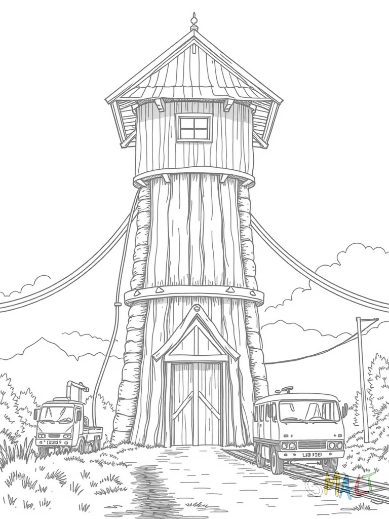 Eine alte Westernlok steht vor einem Wasserturm. Der große Holzturm hat einen Wasserkran der zur Lok zeigt.