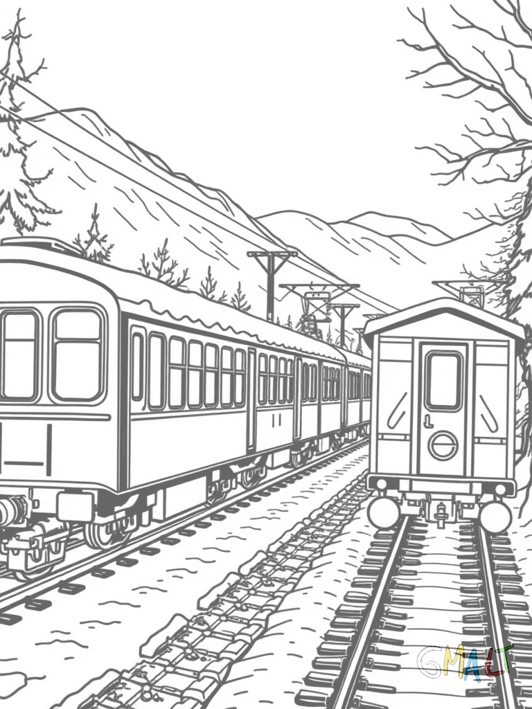 Eine Dampflok zieht drei Passagierwaggons durch eine verschneite Winterlandschaft. Auf den Waggondächern liegt Schnee.