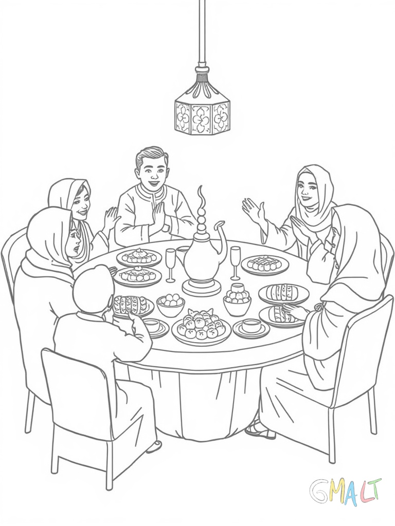Eine muslimische Familie sitzt gemeinsam am runden Tisch. Auf dem Tisch stehen traditionelle Speisen Datteln und ein dampfender Teetopf. Alle lächeln und reichen sich die Hände.