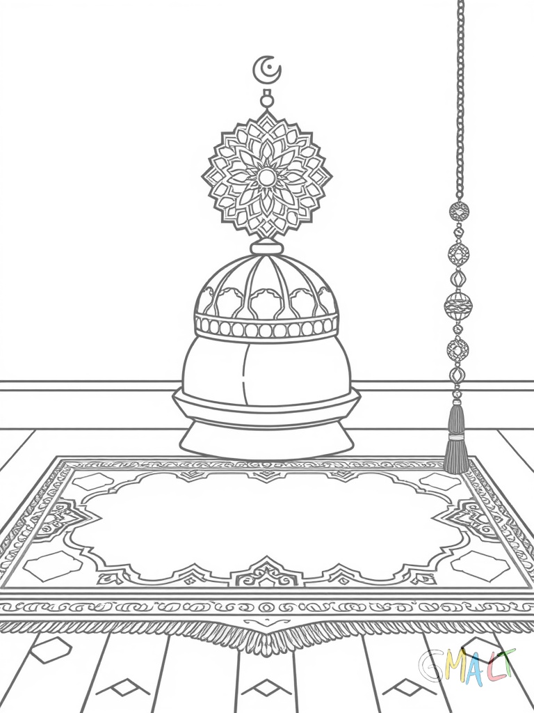 Ein prächtiger Gebetsteppich mit geometrischen Mustern liegt ausgebreitet auf dem Boden. Darauf steht eine verzierte Laterne. Rechts daneben liegt eine Gebetskette.