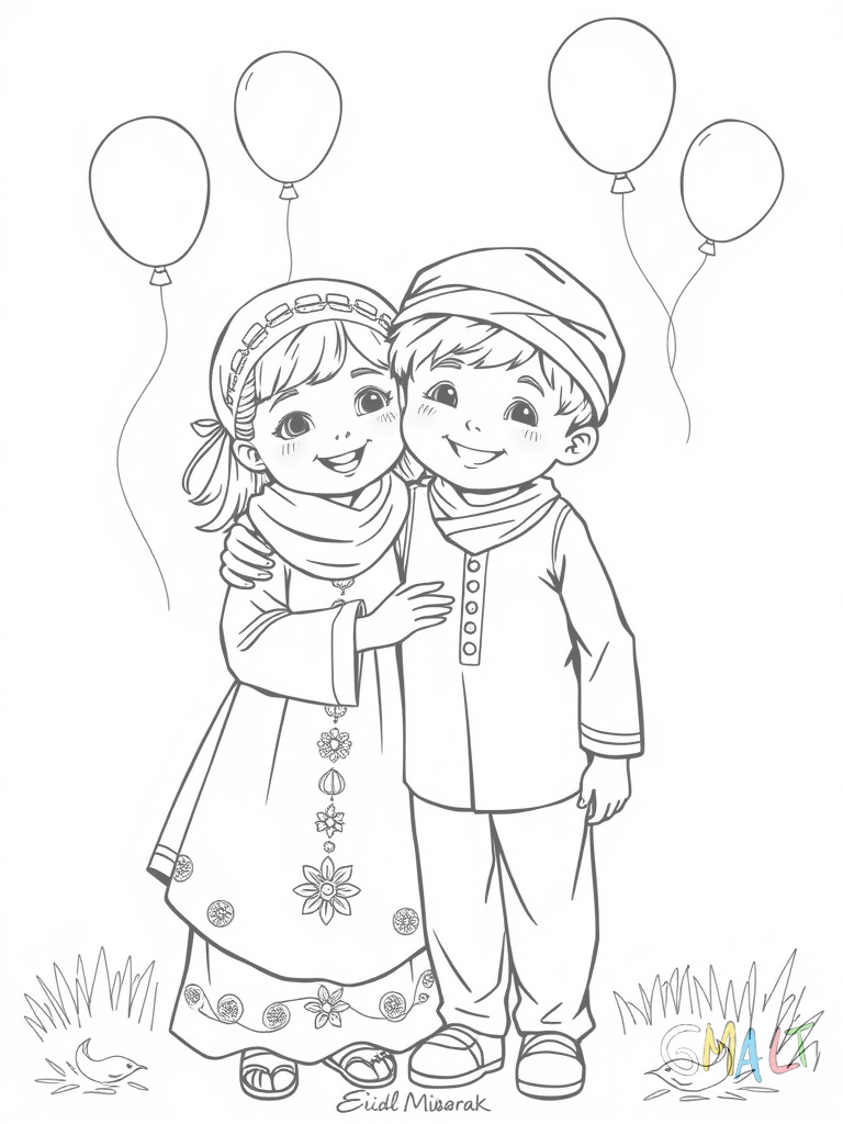 Zwei Kinder in festlicher Kleidung umarmen sich freudig. Das Mädchen trägt ein besticktes Kleid der Junge eine traditionelle Kopfbedeckung. Im Hintergrund schweben Luftballons.