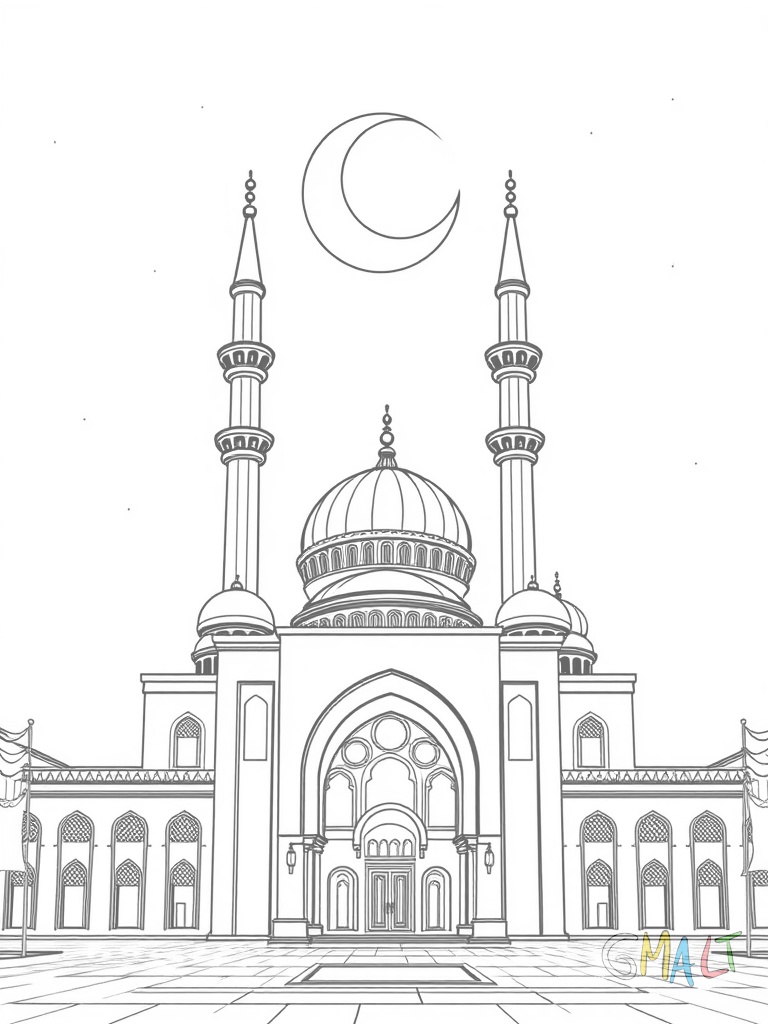 Eine große Moschee mit zwei hohen Minaretten unter einem Sternenhimmel. Der Halbmond thront auf der zentralen Kuppel. Kleine Laternen hängen zwischen den Säulen des Eingangsbereichs und tauchen die Szene in warmes Licht.