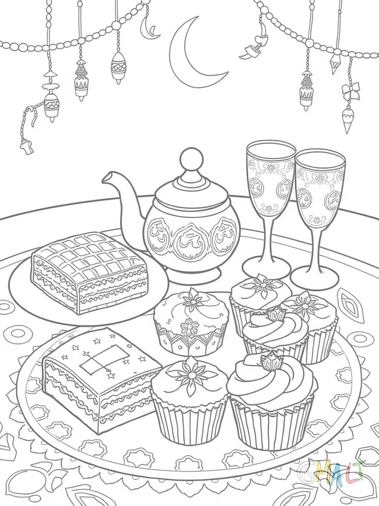 Ein Tablett mit traditionellen Eid-Süßigkeiten: Baklava kleine Kekse und verzierte Cupcakes. Daneben eine Teekanne mit zwei dekorierten Teegläsern.