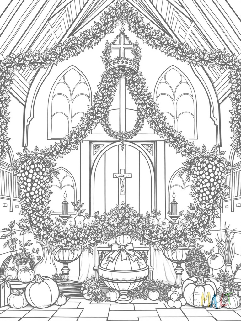 Ein festlich geschmückter Erntedankaltar in einer Dorfkirche mit aufgetürmtem Obst Gemüse Getreidegarben und einer großen Kerze in der Mitte.