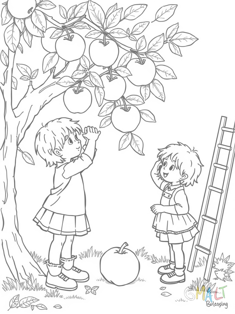 Zwei Kinder pflücken rote Äpfel von einem Apfelbaum. Ein Korb steht bereits halb gefüllt am Boden neben einer kleinen Leiter.