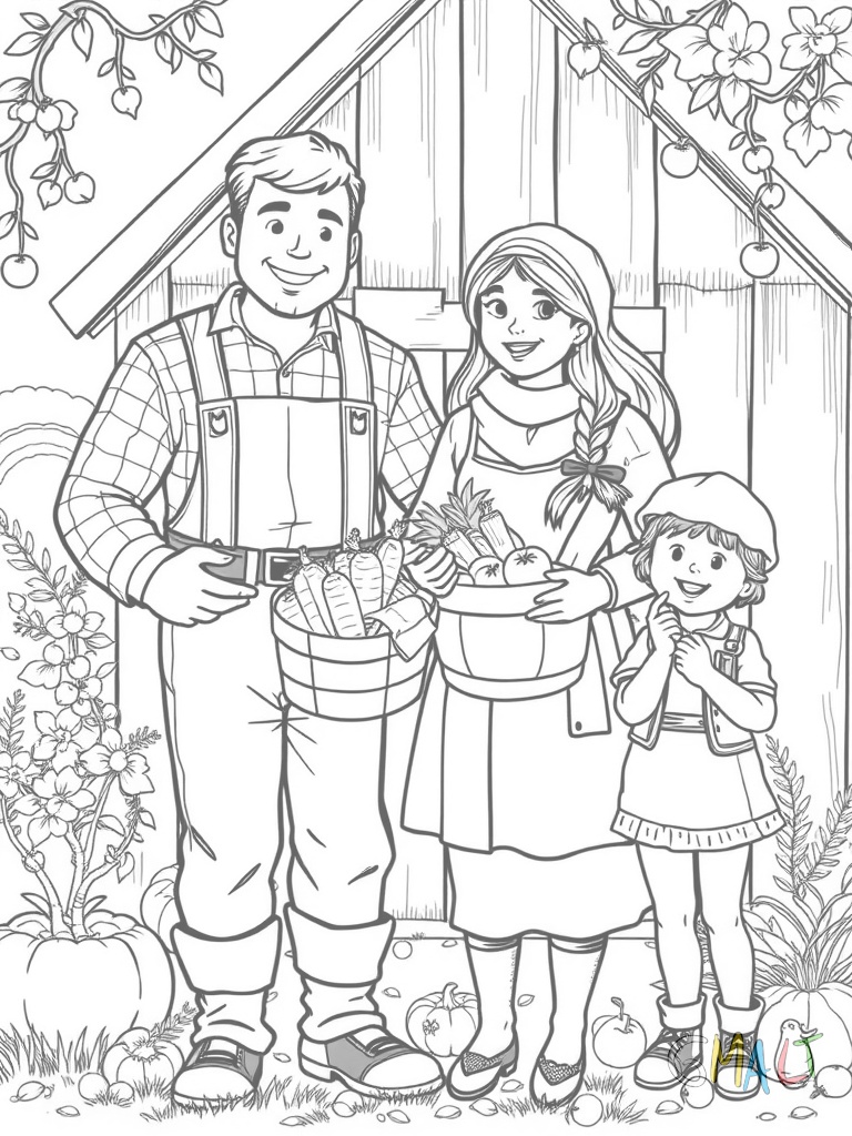 Eine lächelnde Bauersfamilie steht vor ihrer Scheune. Der Vater hält eine Heugabel die Mutter trägt einen Korb mit Gemüse und zwei Kinder halten jeweils einen kleinen Kürbis.