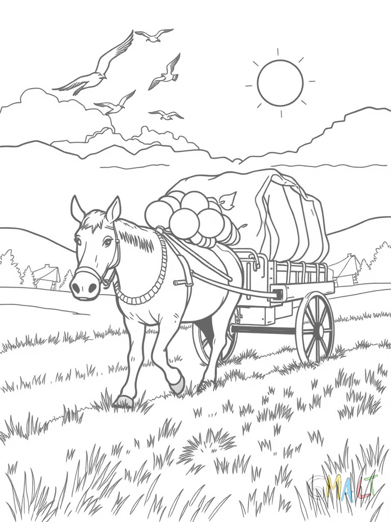 Ein Trecker zieht einen mit Heuballen beladenen Anhänger über ein abgeerntetes Feld. Am Himmel fliegen drei Vögel und die Sonne scheint.