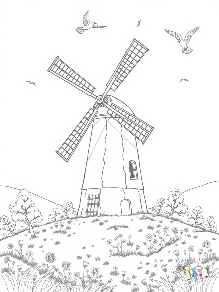 Eine Windmühle steht auf einem Hügel umgeben von Getreidefeldern. Die Mühlenflügel drehen sich und Vögel fliegen am Himmel.