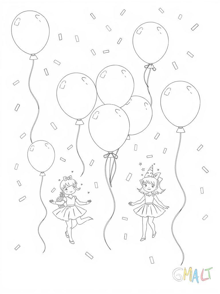 Eine bunte Girlanden-Dekoration mit Luftballons und Konfetti. Die Girlanden hängen in Bögen und die Luftballons schweben nach oben.