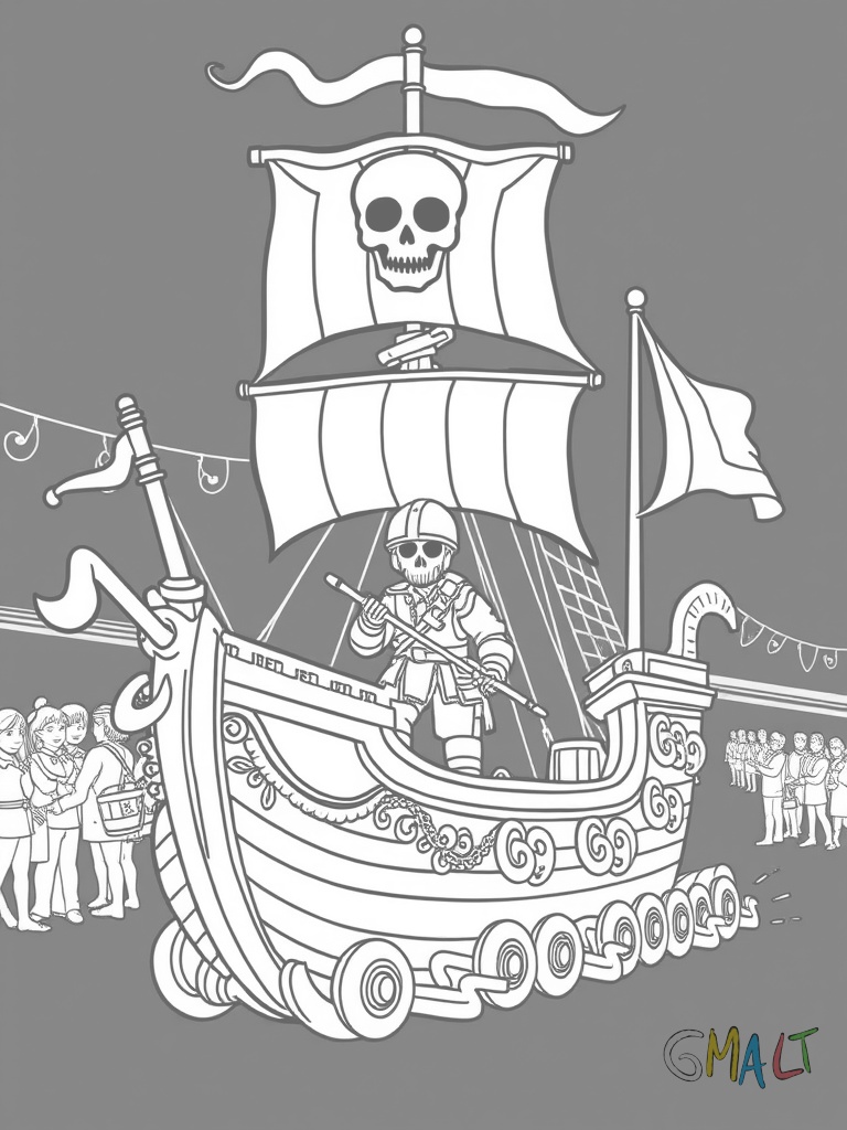 Ein großer Karnevalswagen in Form eines Piratenschiffs mit Segeln und Totenkopfflagge. Vorne ist eine Galionsfigur zu sehen.