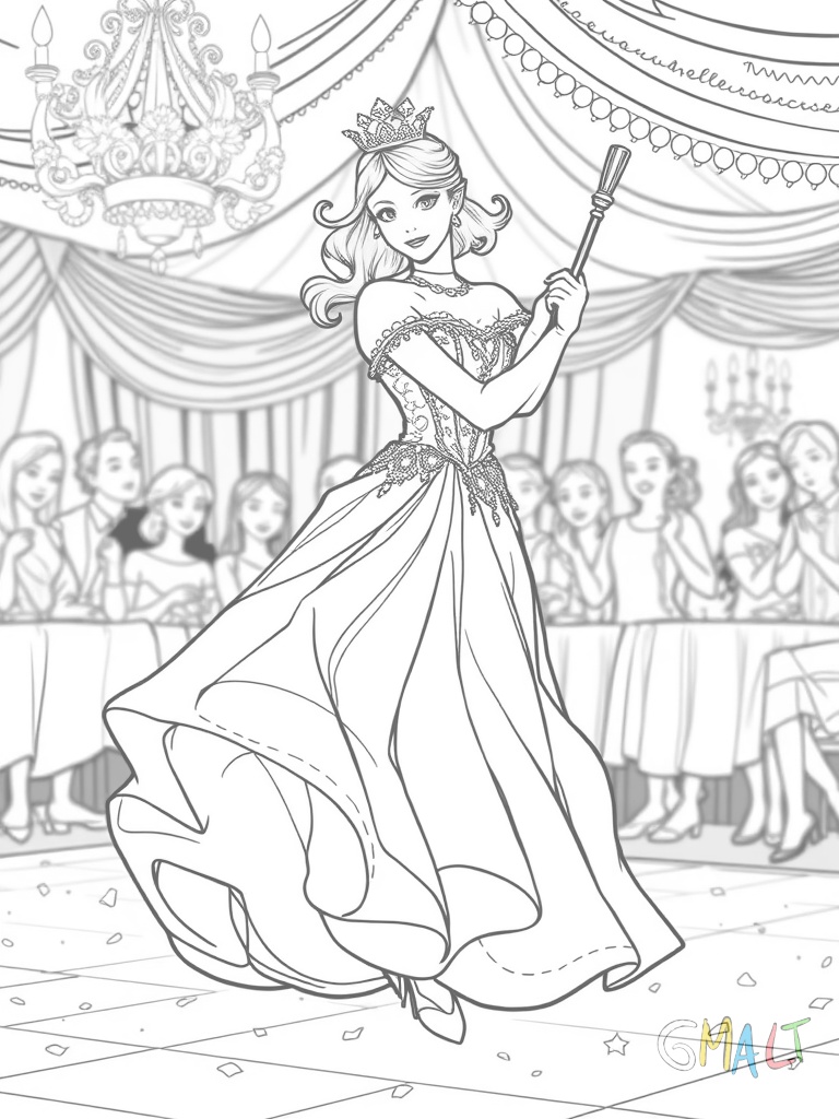 Eine Prinzessin im Ballkleid mit Krone tanzt auf einem Faschingsball. Ihr Kleid schwingt beim Drehen und sie hält einen Zauberstab.