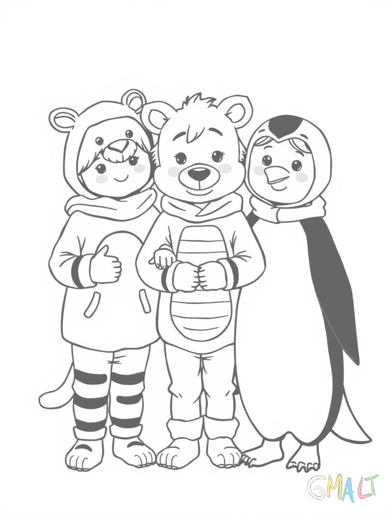 Eine Gruppe von drei Kindern in verschiedenen Tierkostümen: ein Löwe ein Elefant und ein Pinguin stehen Arm in Arm.