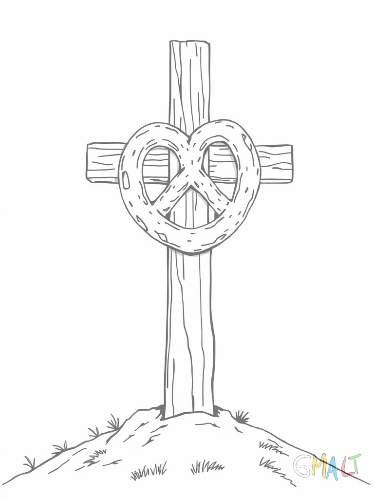 Eine große Brezel hängt an einem schlichten Holzkreuz. Das Kreuz steht aufrecht in der Bildmitte auf einem kleinen Hügel. Die Brezel ist traditionell geflochten und befindet sich im oberen Drittel des Kreuzes.