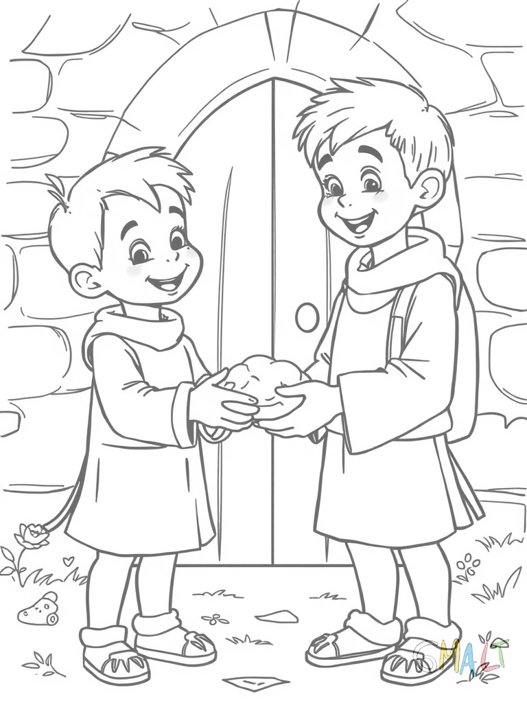 Ein Junge gibt einem anderen Kind ein Stück Brot. Beide Kinder stehen sich gegenüber. Der gebende Junge lächelt freundlich. Im Hintergrund ist eine einfache Kirchentür zu erkennen.