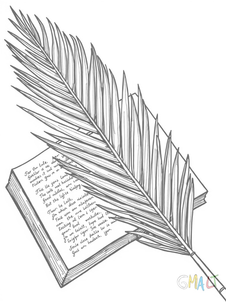 Ein Palmzweig liegt diagonal auf einem aufgeschlagenen Buch. Die Seiten des Buches zeigen handgeschriebene Gebete. Der Palmzweig erstreckt sich von der linken unteren zur rechten oberen Ecke.