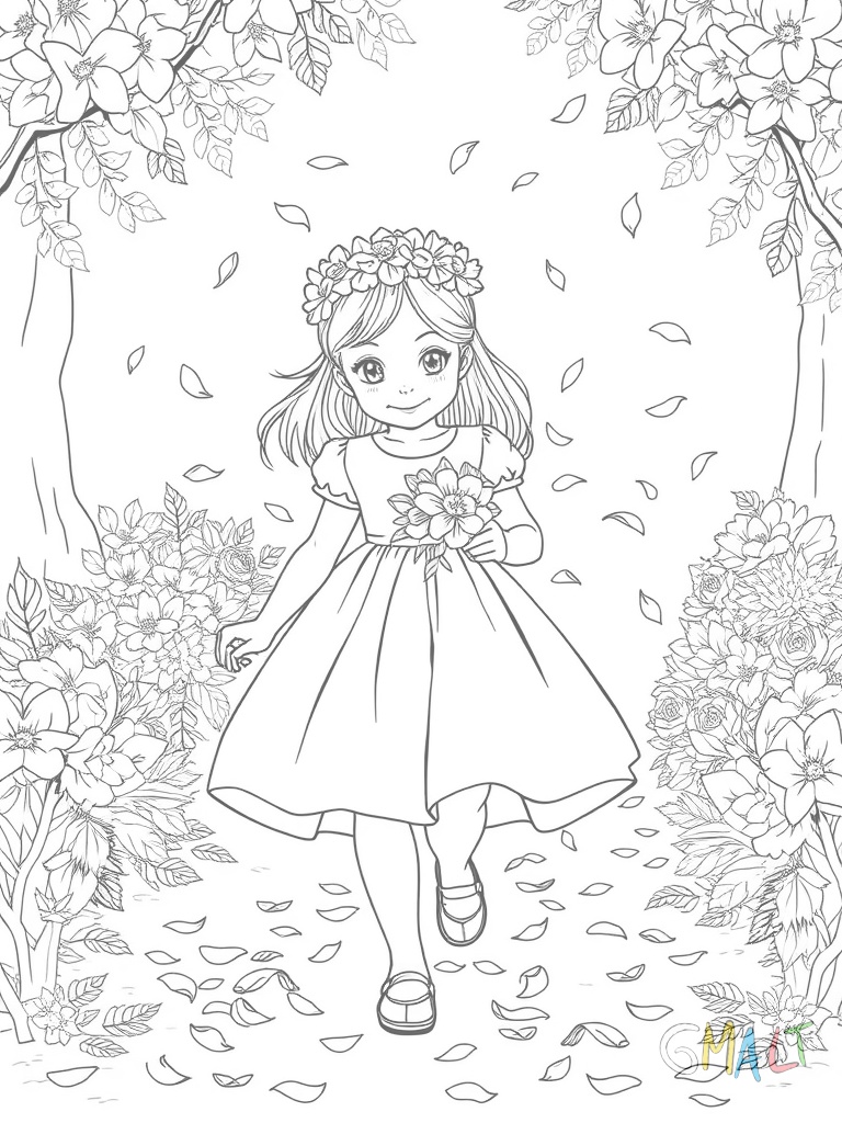 Ein Mädchen im Blumenkindkleid streut Blütenblätter aus einem geflochtenen Körbchen auf den Weg.