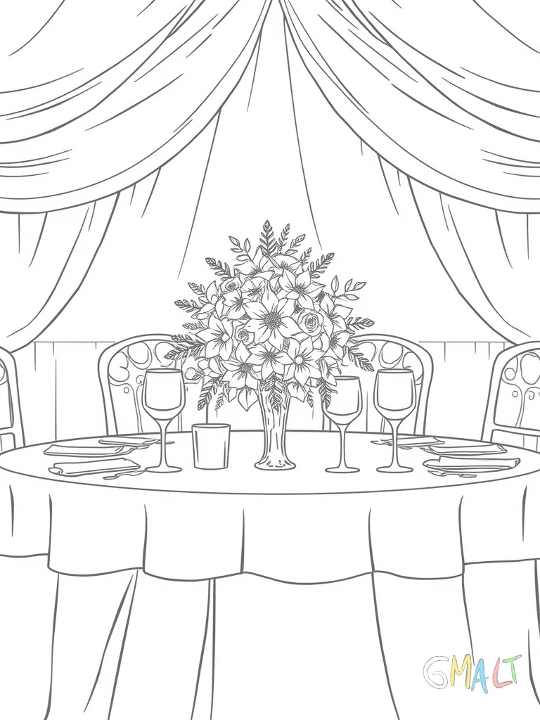 Ein festlich gedeckter Hochzeitstisch mit Tellern Gläsern und einem großen Blumenstrauß in der Mitte. Kerzen stehen auf dem Tisch.