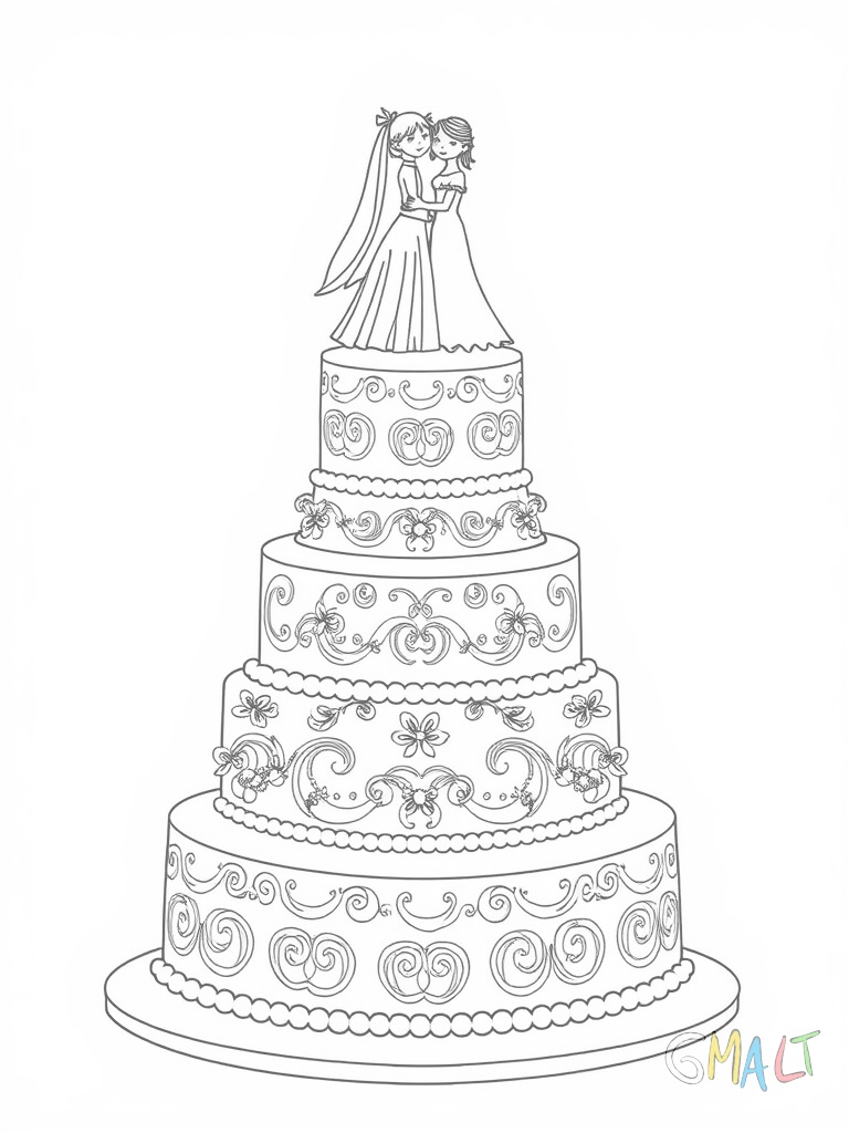 Eine dreistöckige Hochzeitstorte mit Zuckerguss verziert. Auf der Spitze steht ein kleines Brautpaar als Tortenfigur.