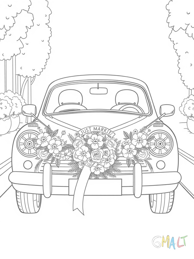 Ein Hochzeitsauto geschmückt mit Blumen und Schleifen. Hinten sind Blechdosen befestigt und ein 'Just Married' Schild.