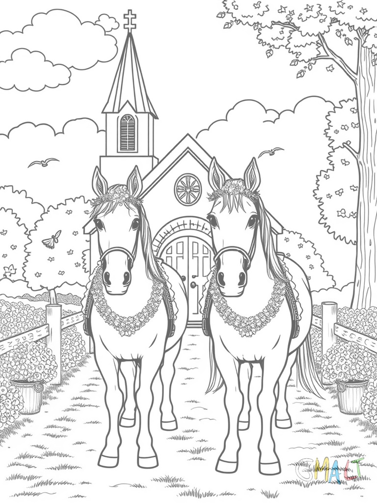 Eine Hochzeitskutsche mit zwei geschmückten Pferden wartet vor einer kleinen Kirche. Blumengirlanden schmücken die Kutsche.