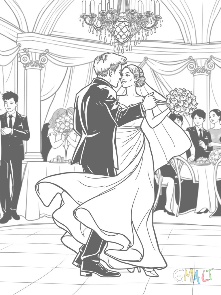 Ein Hochzeitspaar tanzt den ersten Tanz. Die Braut schwingt ihr Kleid und der Bräutigam führt sie elegant.