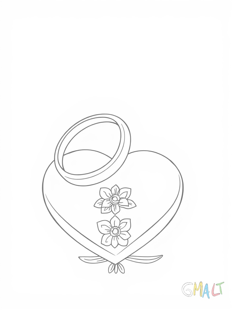 Zwei ineinander verschlungene Hochzeitsringe liegen auf einem Herzkissen. Eine Schleife schmückt das Kissen.