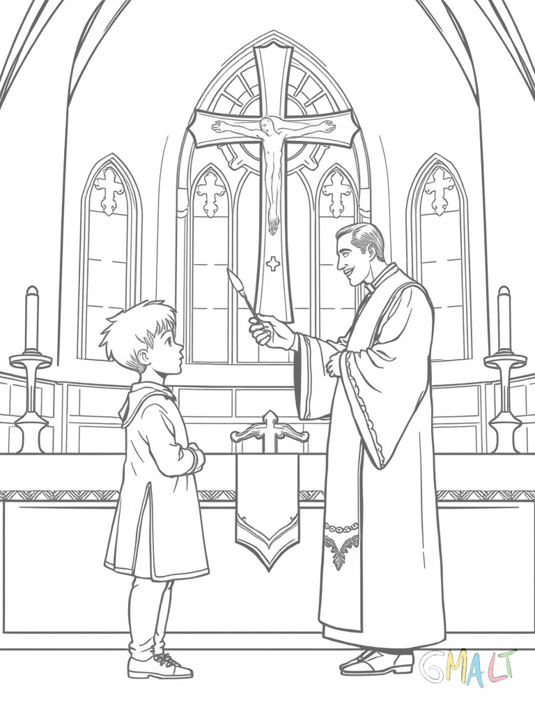 Ein Junge im Kommunionanzug steht neben dem Pfarrer am Altar. Der Pfarrer reicht dem Kind die Hostie während beide vor dem großen Altarkreuz stehen. Im Hintergrund sind Kirchenfenster zu sehen.