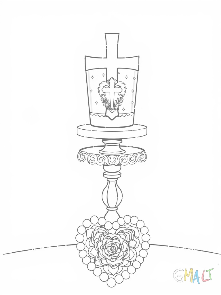 Eine Kommunionkerze steht aufrecht in einem verzierten Kerzenständer. Die Kerze ist mit einem Kreuz und einer Taube geschmückt. Daneben liegt ein Rosenkranz aus hellen Perlen in Form eines Herzens.