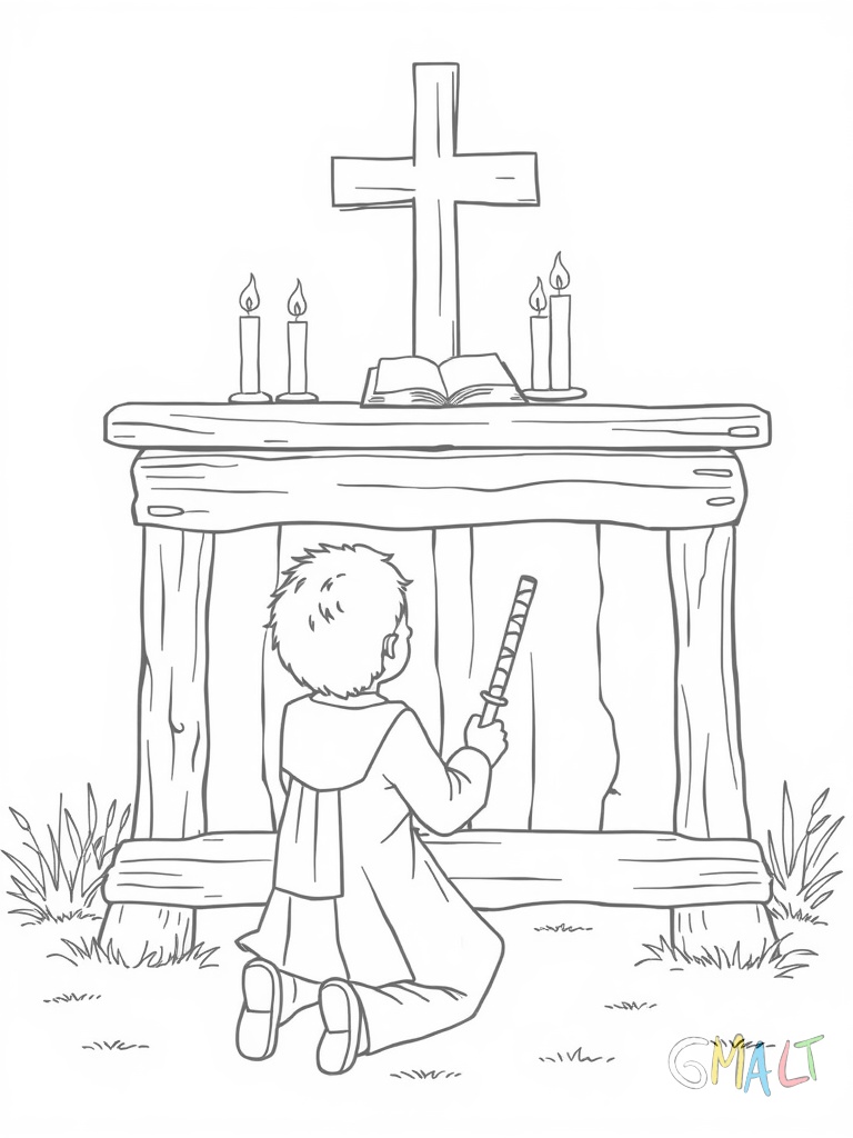 Ein Kommunionkind kniet betend vor einem einfachen Holzaltar mit einem großen Kreuz. Auf dem Altar stehen zwei brennende Kerzen und ein aufgeschlagenes Gebetbuch. Das Kind trägt ein festliches weißes Gewand mit einer Kerze in der Hand.
