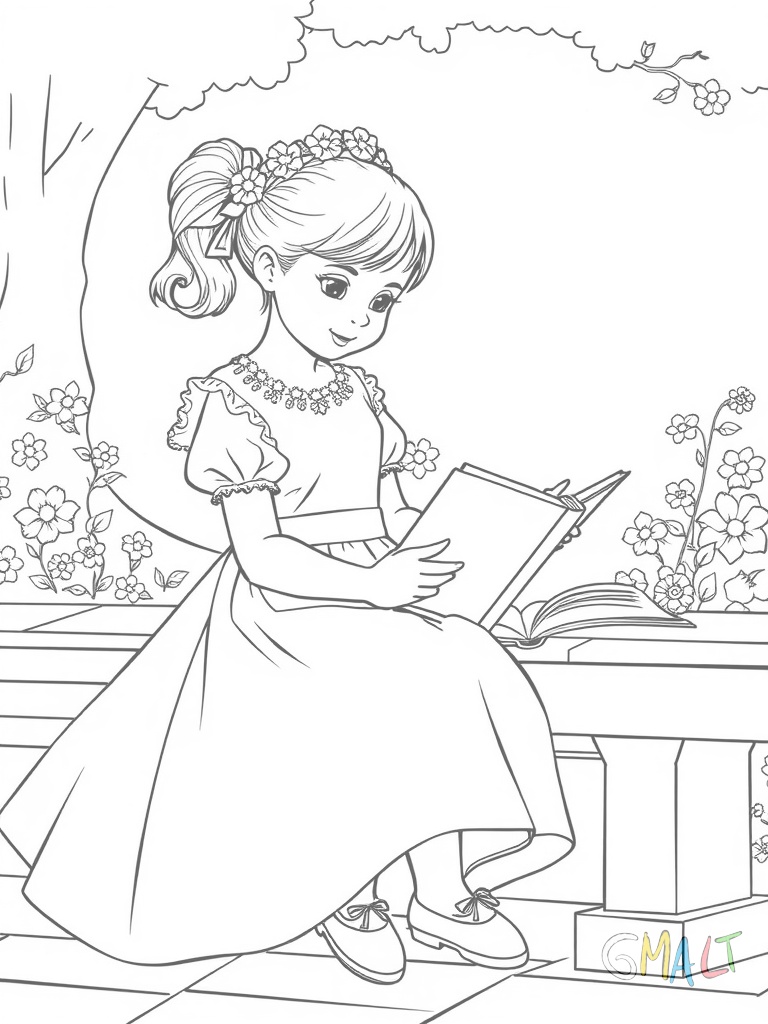 Ein Mädchen im weißen Kommunionkleid sitzt auf einer Kirchenbank und liest in ihrer neuen Kinderbibel. Ihr Schleier ist mit kleinen Blüten verziert und ihre Kommunionkerze steht neben ihr.