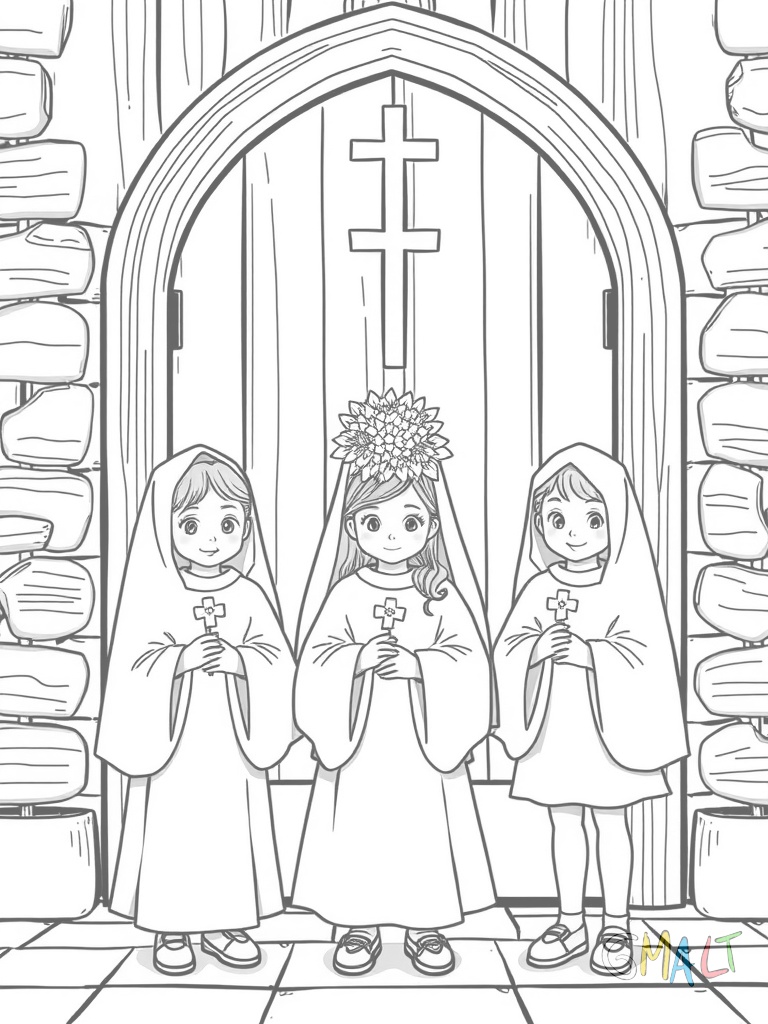 Eine Gruppe von drei Kommunionkindern steht nebeneinander vor einer Kirchentür. Alle tragen weiße Gewänder und halten ihre Kommunionkerzen. Die große Holztür der Kirche ist mit einem schlichten Blumenkranz geschmückt.