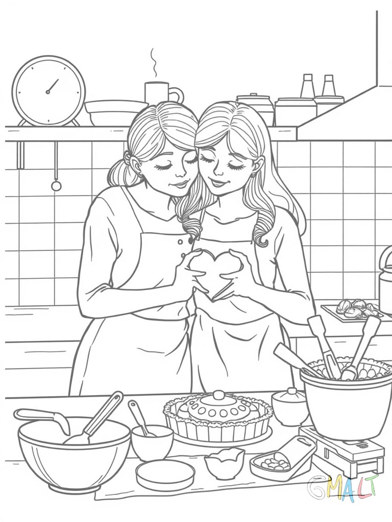 Eine Mutter und ihr Kind backen gemeinsam in der Küche. Sie formen Teig zu Herzen während Backutensilien und Zutaten auf der Arbeitsfläche verteilt sind.