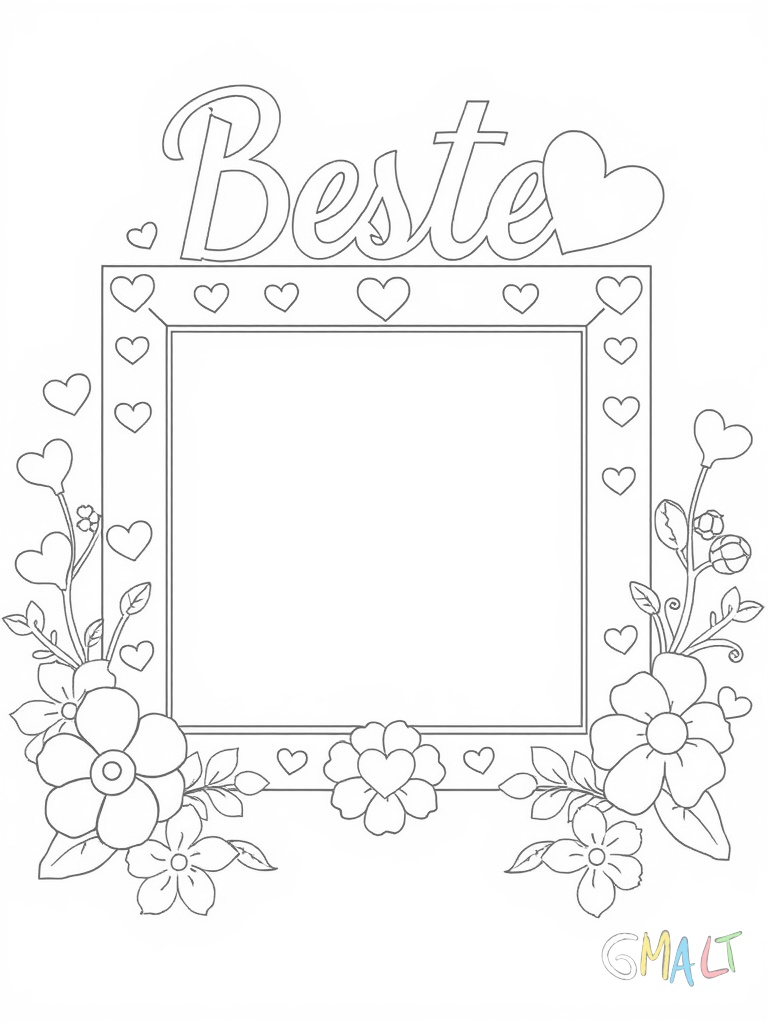 Ein großer Bilderrahmen mit der Aufschrift 'Beste Mama' ist mit kleinen gemalten Herzen und Blumen verziert. In der Mitte ist Platz für ein Foto.