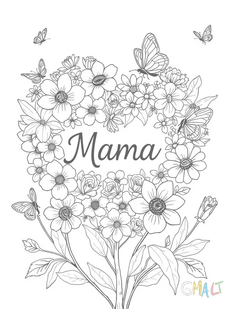 Ein großes Herz aus verschiedenen Blumen nimmt die Bildmitte ein. In der Mitte des Herzens steht in kindlicher Schrift 'Mama'. Kleine Schmetterlinge fliegen um das Blumenherz herum.