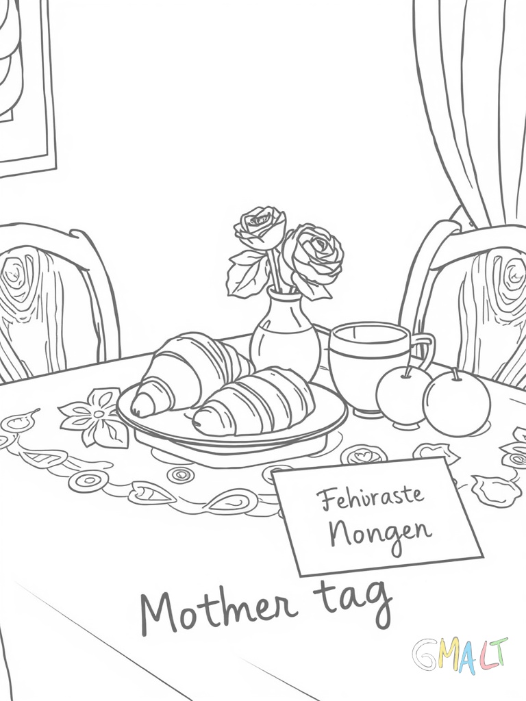 Eine Frühstückstablett mit Croissants Orangensaft und einer kleinen Vase mit einer Rose steht auf einem dekorierten Tisch. Eine handgemalte Karte liegt daneben.