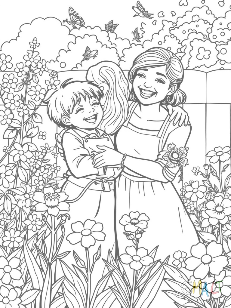 Ein Kind umarmt seine Mutter von hinten während sie im Garten Blumen gießt. Beide lachen fröhlich und sind von blühenden Pflanzen umgeben.